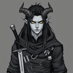 A Dungeons & Dragons male tiefling character with a more human-like appearance, featuring cut horns, striking yellow eyes, and long black hair