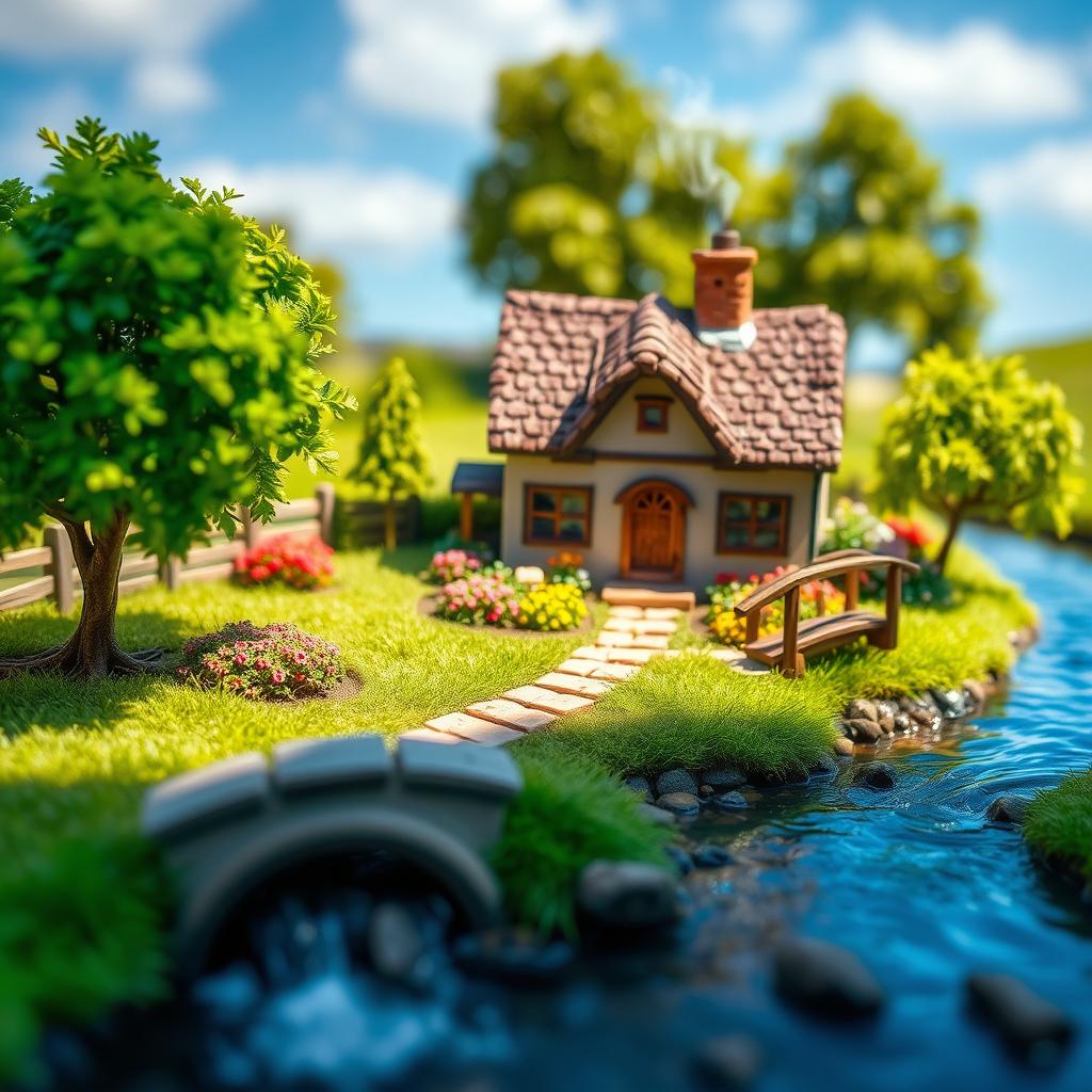 A highly detailed miniature scene depicting a cozy countryside cottage