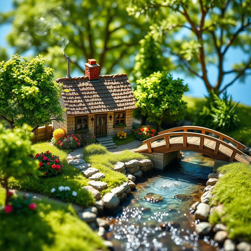 A highly detailed miniature scene depicting a cozy countryside cottage