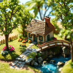 A highly detailed miniature scene depicting a cozy countryside cottage