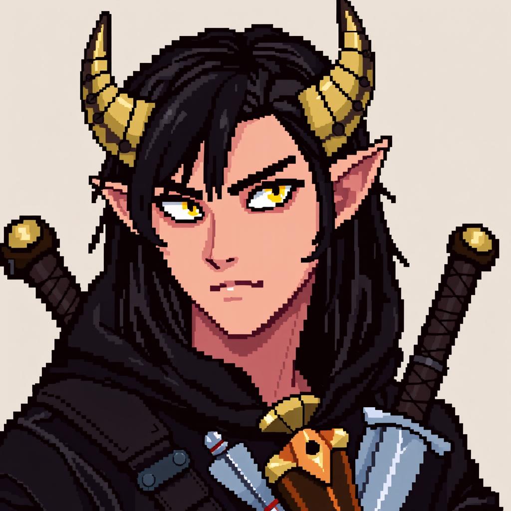 A pixel art rendition of a Dungeons & Dragons male tiefling character with a more human-like appearance, featuring cut horns, striking yellow eyes, and long black hair