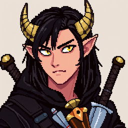 A pixel art rendition of a Dungeons & Dragons male tiefling character with a more human-like appearance, featuring cut horns, striking yellow eyes, and long black hair