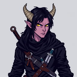 A pixel art rendition of a Dungeons & Dragons male tiefling character with a more human-like appearance, featuring cut horns, striking yellow eyes, and long black hair