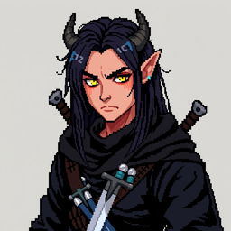 A pixel art rendition of a Dungeons & Dragons male tiefling character with a more human-like appearance, featuring cut horns, striking yellow eyes, and long black hair