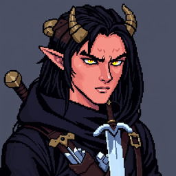 A pixel art rendition of a Dungeons & Dragons male tiefling character with a more human-like appearance, featuring cut horns, striking yellow eyes, and long black hair