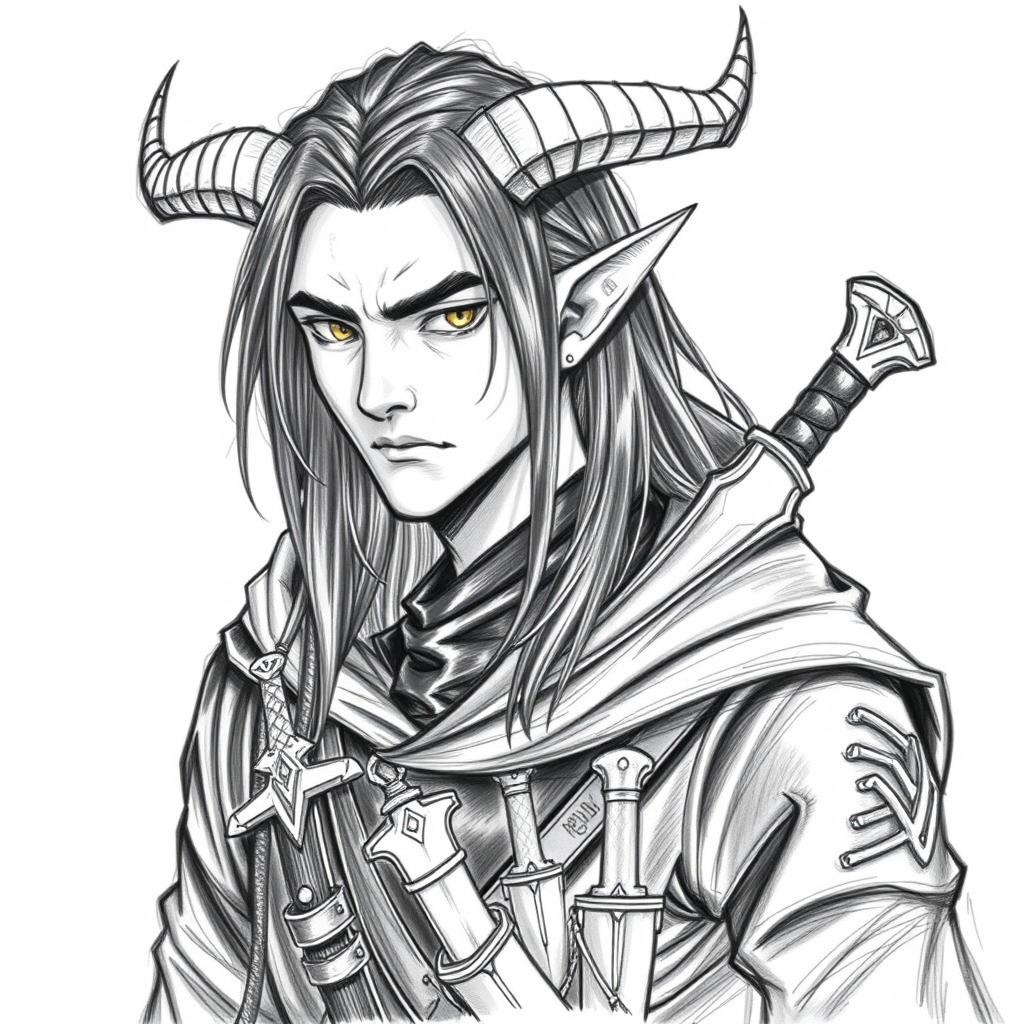 A Dungeons & Dragons male tiefling character with a more human-like appearance, featuring cut horns from the head, striking yellow eyes, and long black hair