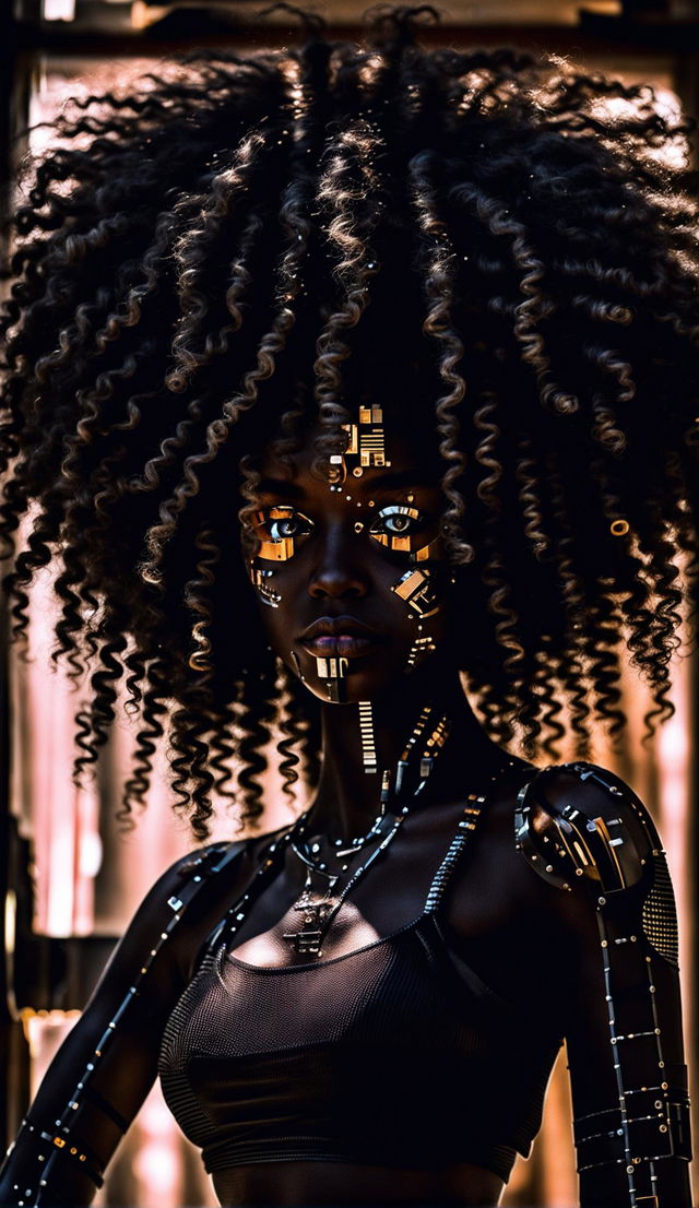 High-resolution photograph of an African female cyborg in a low-light setting with sunlight streaming through a window. She is half-human, half-robot with one doe-eye human and one cybernetic. Her big curly afro contrasts with her sleek metallic components.