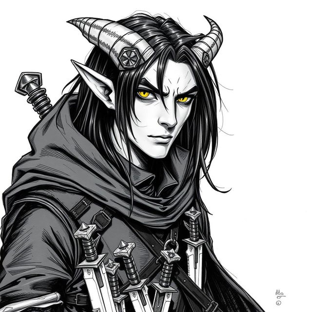 A Dungeons & Dragons male tiefling character with a more human-like appearance, featuring cut horns from the head, striking yellow eyes, and long black hair