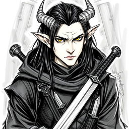 A Dungeons & Dragons male tiefling character with a more human-like appearance, featuring cut horns from the head, striking yellow eyes, and long black hair