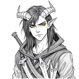 A Dungeons & Dragons male tiefling character with a more human-like appearance, featuring cut horns from the head, striking yellow eyes, and long black hair