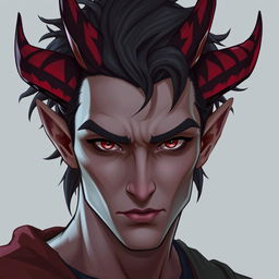 A male tiefling character with cut horns, showing a unique blend of human and demonic features, including striking eyes and distinctive hair