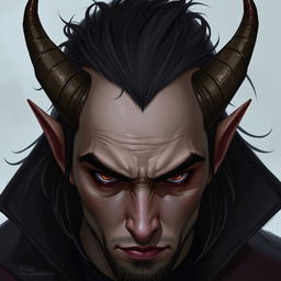 A male tiefling character with cut horns, showing a unique blend of human and demonic features, including striking eyes and distinctive hair