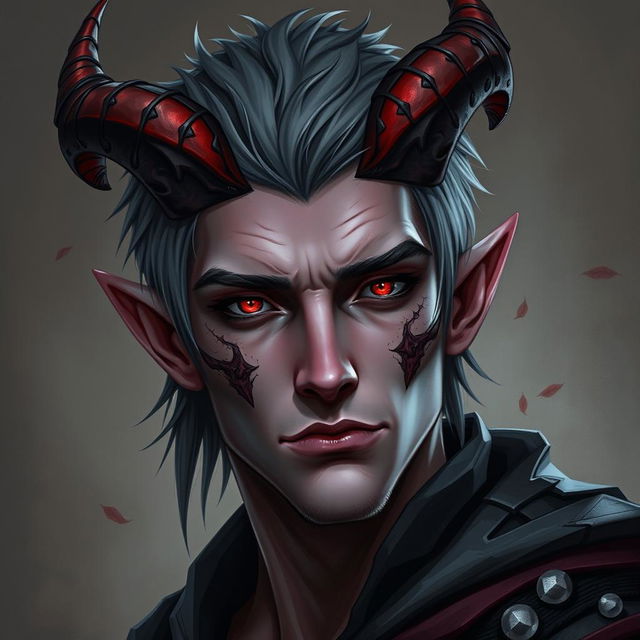 A male tiefling character with cut horns, showing a unique blend of human and demonic features, including striking eyes and distinctive hair