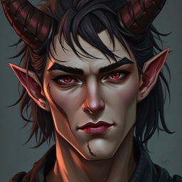 A male tiefling character with cut horns, showing a unique blend of human and demonic features, including striking eyes and distinctive hair