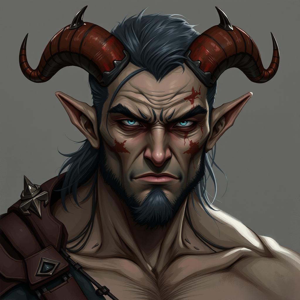 A male tiefling character with torn-off horns, showcasing a rugged and battle-worn appearance that highlights his resilience and strength