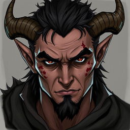 A male tiefling character with torn-off horns, showcasing a rugged and battle-worn appearance that highlights his resilience and strength