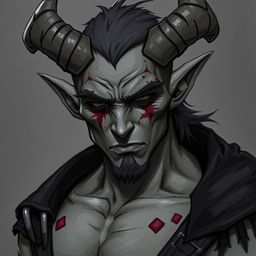 A male tiefling character with torn-off horns, showcasing a rugged and battle-worn appearance that highlights his resilience and strength