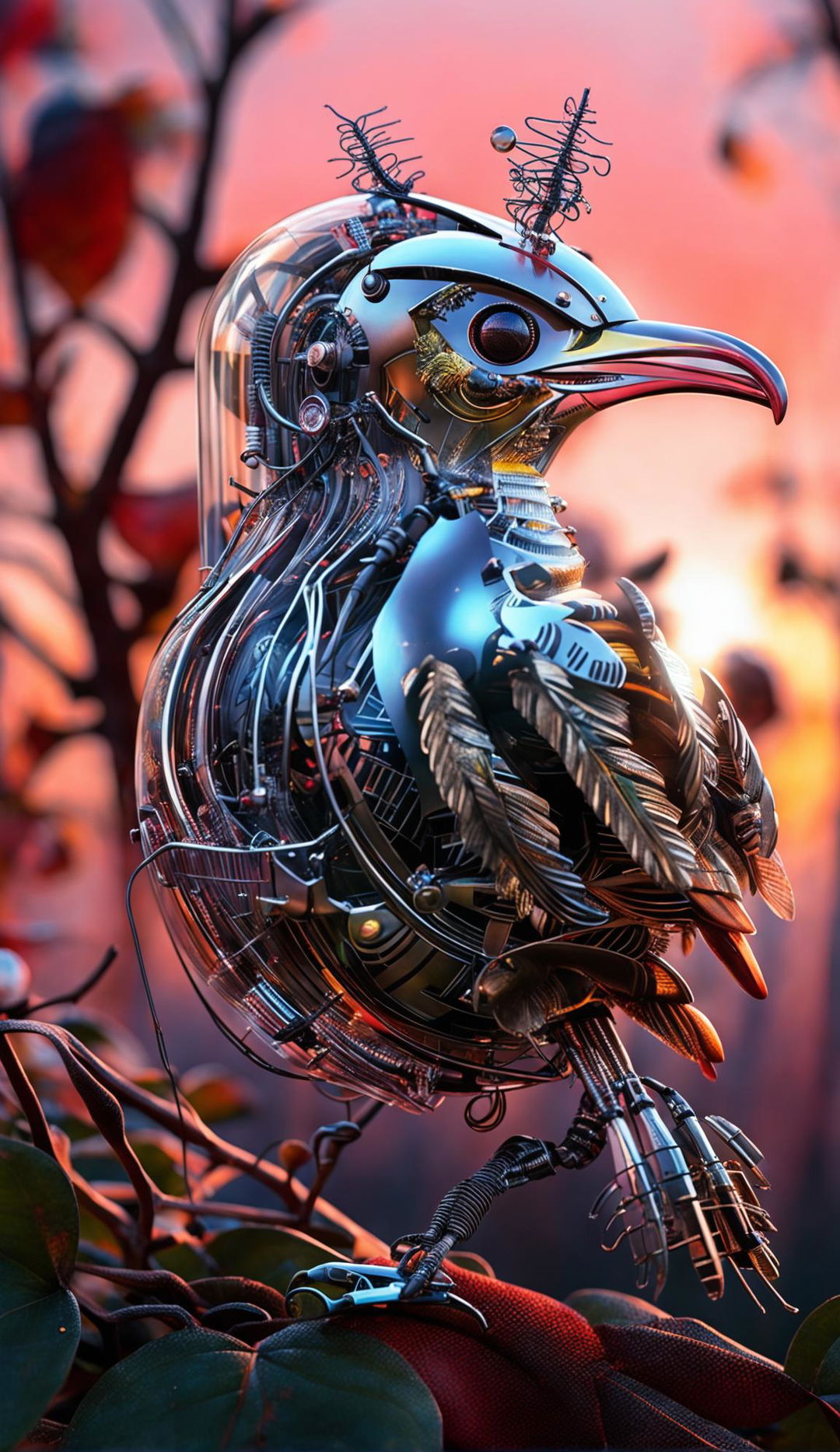 A cybernetic bird with a glass neck swallows a worm at dawn in a high-definition National Geographic style photograph.