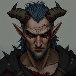 A male tiefling character with torn-off horns, showcasing a rugged and battle-worn appearance that highlights his resilience and strength