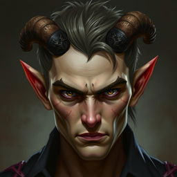 A male tiefling without horns, presenting a more human-like appearance yet retaining the mystical essence of a tiefling