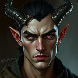 A male tiefling without horns, presenting a more human-like appearance yet retaining the mystical essence of a tiefling