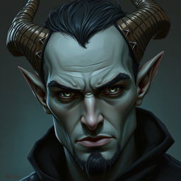 A male tiefling without horns, presenting a more human-like appearance yet retaining the mystical essence of a tiefling