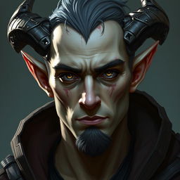 A male tiefling without horns, presenting a more human-like appearance yet retaining the mystical essence of a tiefling