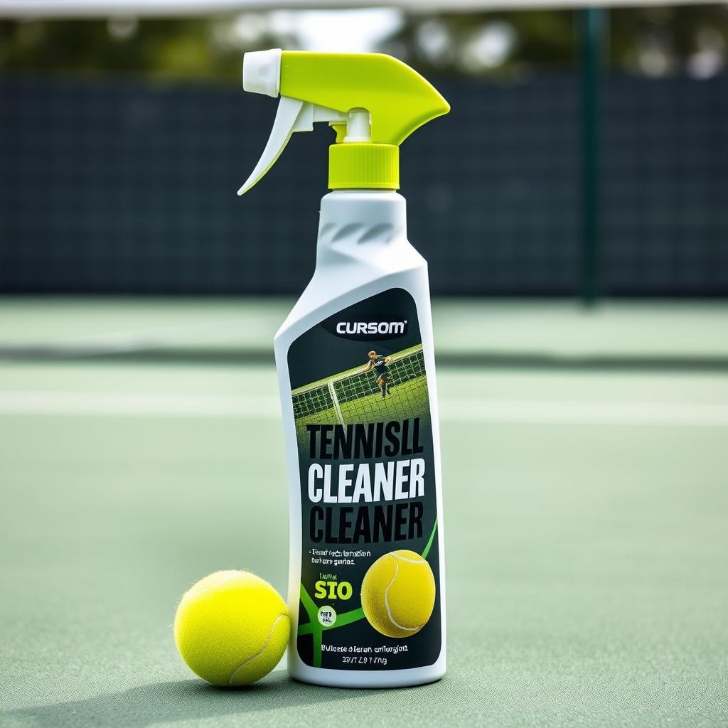 A sleek and stylish bottle of tennis ball cleaner spray, designed with a modern sports theme