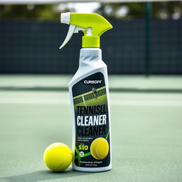 A sleek and stylish bottle of tennis ball cleaner spray, designed with a modern sports theme