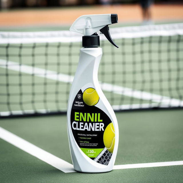 A sleek and stylish bottle of tennis ball cleaner spray, designed with a modern sports theme