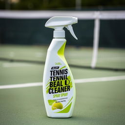 A sleek and stylish bottle of tennis ball cleaner spray, designed with a modern sports theme