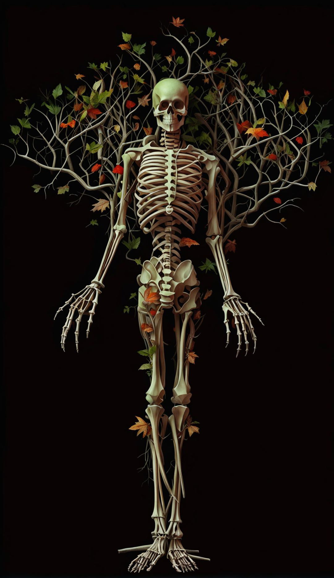 A skeleton made of spindly tree branches with sparse leaves growing at the ends against a black background.