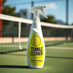 A sleek and stylish bottle of tennis ball cleaner spray, designed with a modern sports theme