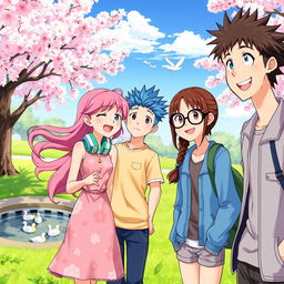 A vibrant anime scene featuring a group of friends enjoying a sunny day at a serene park