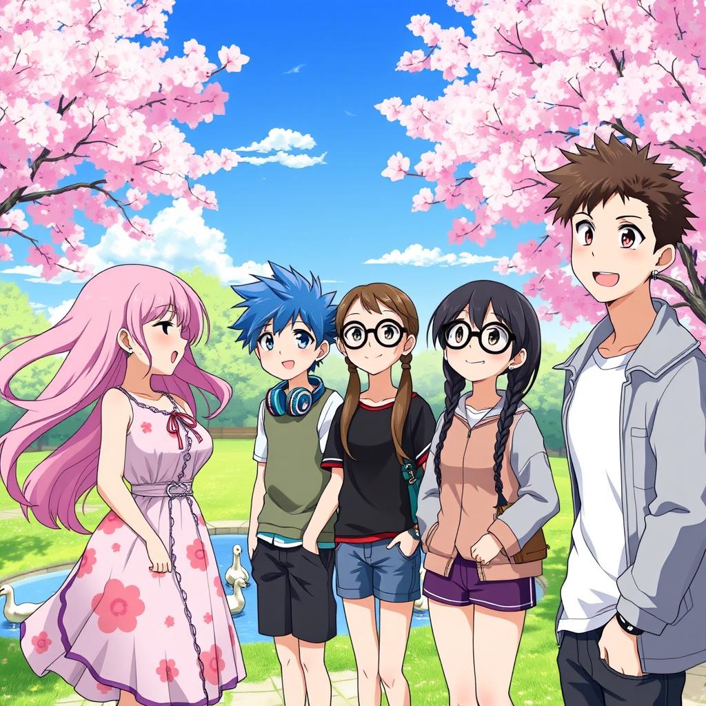 A vibrant anime scene featuring a group of friends enjoying a sunny day at a serene park