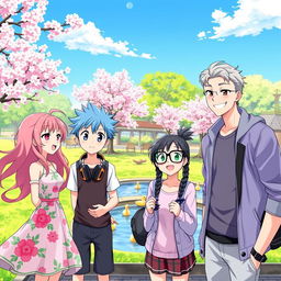 A vibrant anime scene featuring a group of friends enjoying a sunny day at a serene park