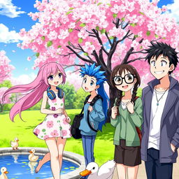 A vibrant anime scene featuring a group of friends enjoying a sunny day at a serene park