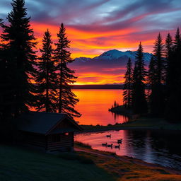 A beautiful landscape at sunset with a wooden cabin in the foreground nestled among tall pine trees