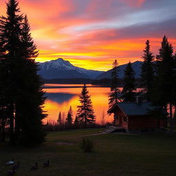 A beautiful landscape at sunset with a wooden cabin in the foreground nestled among tall pine trees