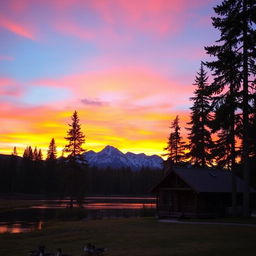 A beautiful landscape at sunset with a wooden cabin in the foreground nestled among tall pine trees