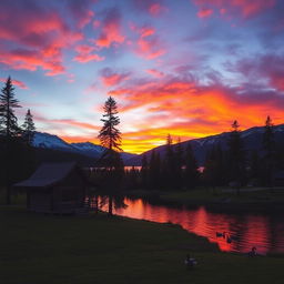 A beautiful landscape at sunset with a wooden cabin in the foreground nestled among tall pine trees