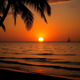 A serene sunset over a calm ocean, with the sun setting on the horizon casting a golden glow on the waters