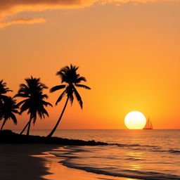 A serene sunset over a calm ocean, with the sun setting on the horizon casting a golden glow on the waters