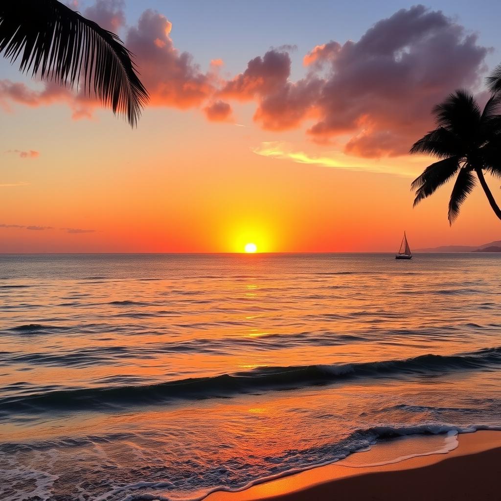 A serene sunset over a calm ocean, with the sun setting on the horizon casting a golden glow on the waters