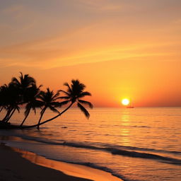 A serene sunset over a calm ocean, with the sun setting on the horizon casting a golden glow on the waters