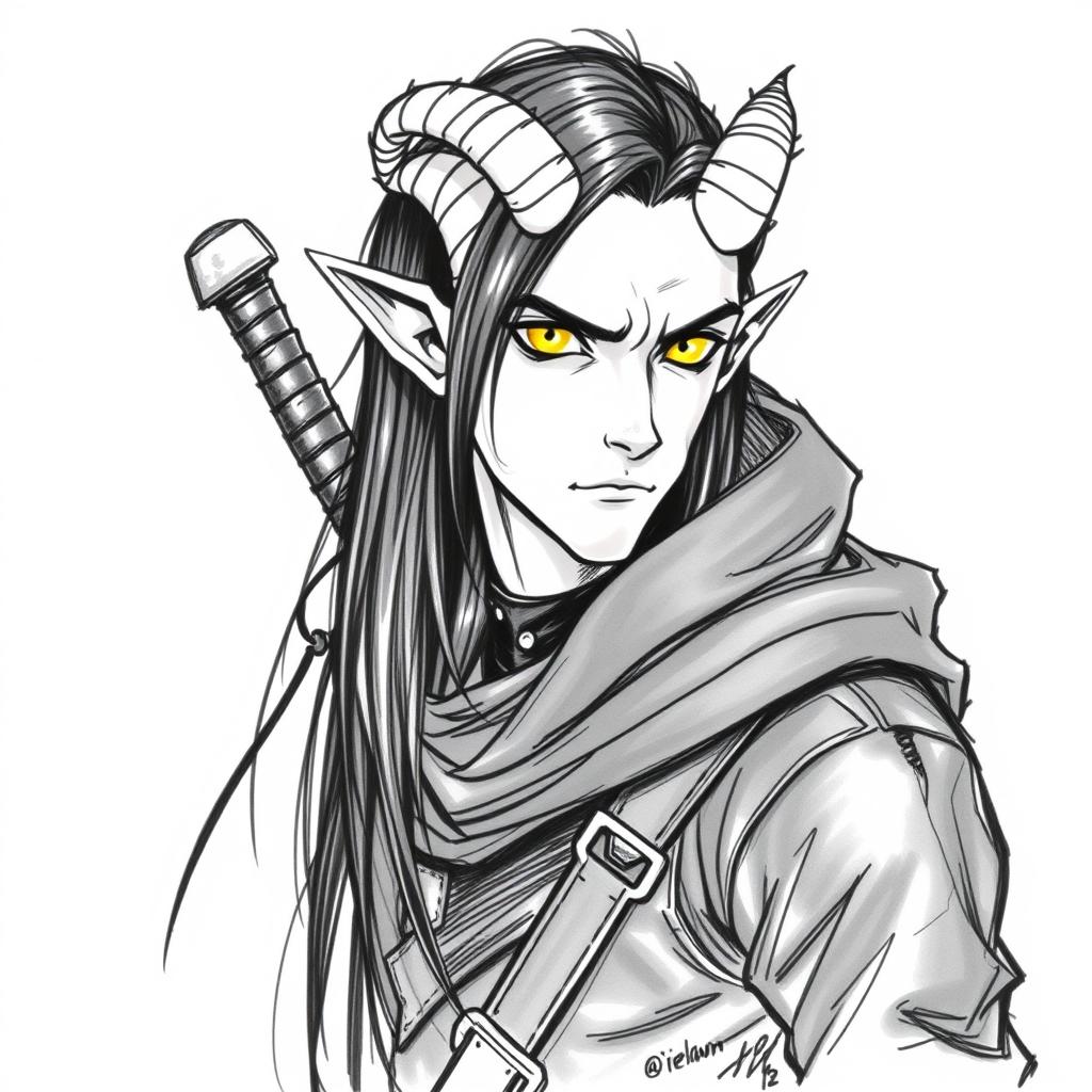 A Dungeons & Dragons male tiefling character with a more human-like appearance, featuring cut horns, striking yellow eyes, and long black hair