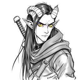 A Dungeons & Dragons male tiefling character with a more human-like appearance, featuring cut horns, striking yellow eyes, and long black hair