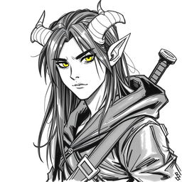 A Dungeons & Dragons male tiefling character with a more human-like appearance, featuring cut horns, striking yellow eyes, and long black hair