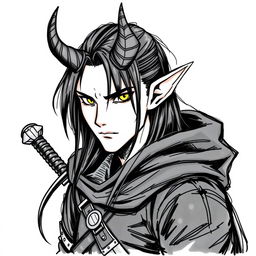 A Dungeons & Dragons male tiefling character with a more human-like appearance, featuring cut horns, striking yellow eyes, and long black hair