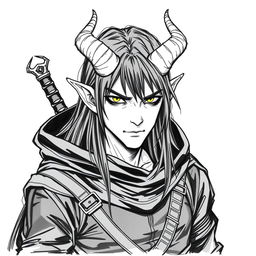 A Dungeons & Dragons male tiefling character with a more human-like appearance, featuring cut horns, striking yellow eyes, and long black hair